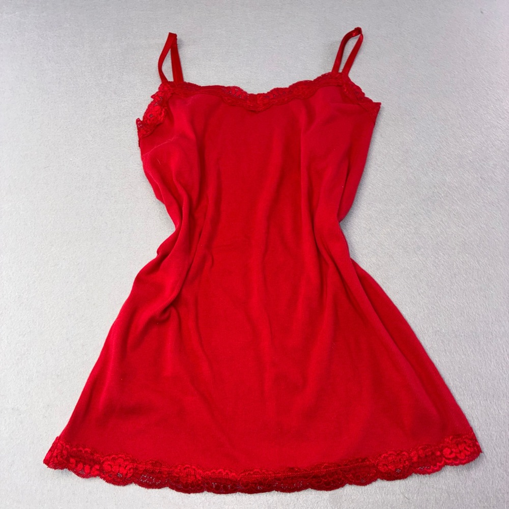 Y2K Faded Glory Lace Trim Camisole Women XL Red Ribbed Spaghetti Strap